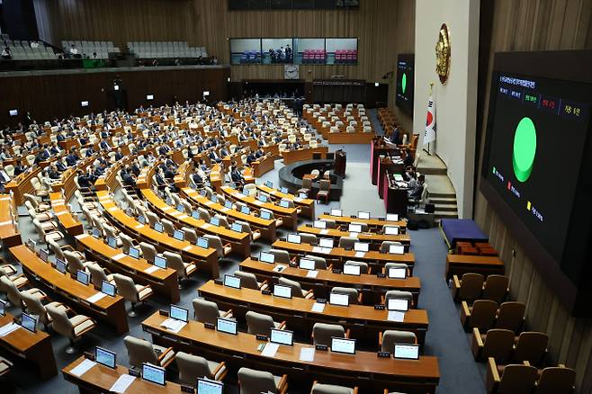 방송4법 마지막 법안인 한국교육방송공사법(EBS법) 개정안이 야당 단독으로 국회를 통과했다. 사진은 30일 서울 여의도 국회에서 열린 제416회 국회(임시회) 제1차 본회의에서 한국교육방송공사법 일부개정법률안이 통과되는 모습. /사진=뉴시스