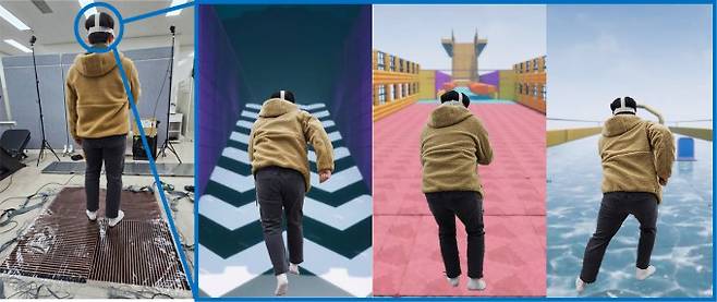 GIST 연구팀이 개발한 카페트형 가상현실(VR) 센서 위에서 한 사용자가 VR 게임에 몰입하고 있다(왼쪽). 왼쪽에서 두번째부터는 사용자가 보는 VR 게임 화면을 합성한 사진. GIST 제공