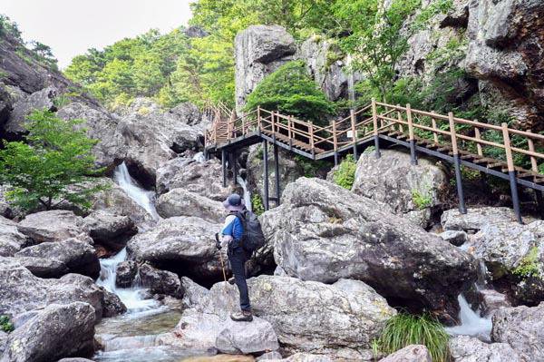 경남 밀양시 산내면 구만산 전경. 30ｍ 높이의 구만폭포에서 시작해 구만약수와 구만약물탕에 이르는 1.3㎞계곡은 ‘통수골’로 불리며 구만동천이라 한다. 취재팀이 구만동천을 빠져 나가는 덱 계단을 내려 선 뒤 구만약물탕 주위에 치솟은 암벽을 보고 있다.