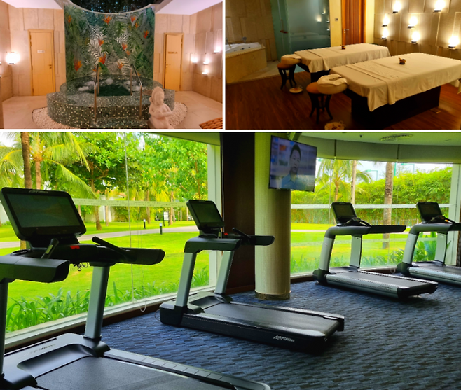 왼쪽 위부터 시계방향으로 스파 시설, 마사지 침대, 운동시설 / 사진=김혜성 여행+ 기자