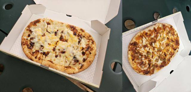 19일 서울시 강남구 역삼동 GS25 역삼홍인점에서 주문해 받은 고피자 모습. 왼쪽은 트리플치즈 피자, 오른쪽은 미트치즈 피자. 포테이토&베이컨 피자도 주문했지만 허겁지겁 먹다가 사진을 찍지 못했다. 박준석 기자