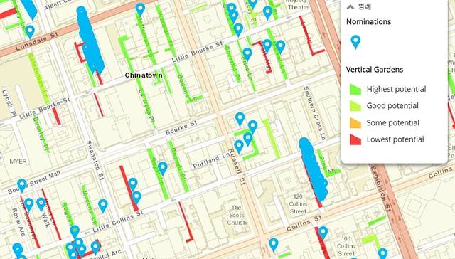 멜버른시는 햇빛, 바람 등 제반 여건을 분석해 도심 골목길의 녹화사업 성공 가능성을 평가했다. 결과는 누구나 볼 수 있게 개방했다. 지도 캡쳐