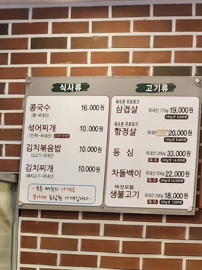서울의 한 음식점 메뉴 각격.[사진 제공 = 전종헌 기자]