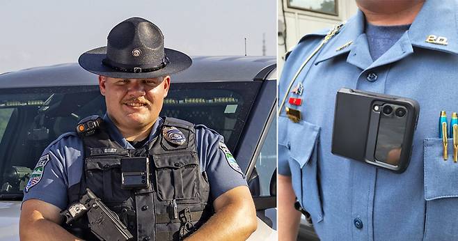 미국 경찰관이 갤럭시 Z 플립을 착용하고 있는 모습 [사진 = 삼성전자 뉴스룸]