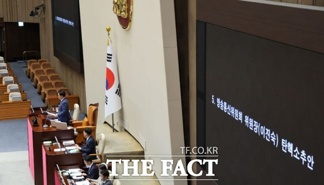 2일 오후 서울 여의도 국회에서 열린 제416회(임시회) 제2차 본회의에서 이진숙 방송통신위원회 위원장 탄핵소추안이 총 투표수 188인 중 가결 186표, 부결 1표, 기권 1표로 통과되고 있다. /뉴시스