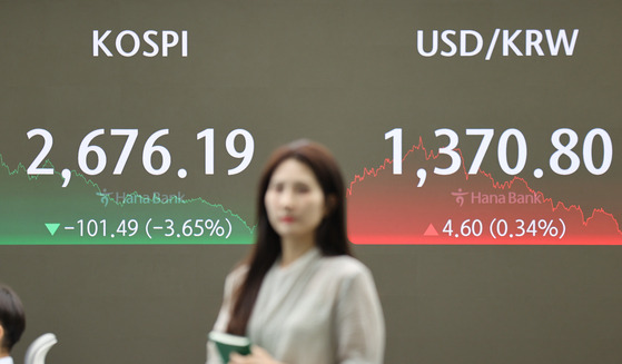 A screen in Hana Bank's trading room in central Seoul shows the Kospi closing at 2,676.19 points on Friday, down 3.65 percent, or 101.49 points, from the previous trading session. [YONHAP]