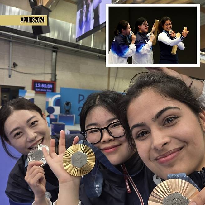 2024 파리올림픽 사격 공기권총 10m 여자 결선에서 은메달을 획득한 김예지(왼쪽), 금메달을 획득한 오예진(가운데) /사진=IOC 공식 인스타그램