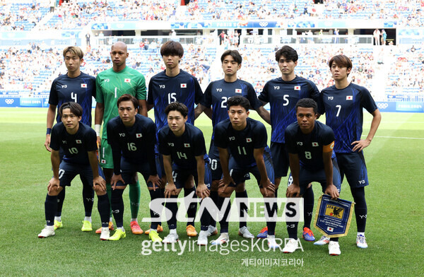 3일 오전(이하 한국시각) 프랑스 리옹의 스타드 드 리옹에서 열린 '2024 파리 올림픽' 남자축구 8강 스페인전에 출전한 일본 축구 올림픽 대표팀. 사진┃게티이미지코리아