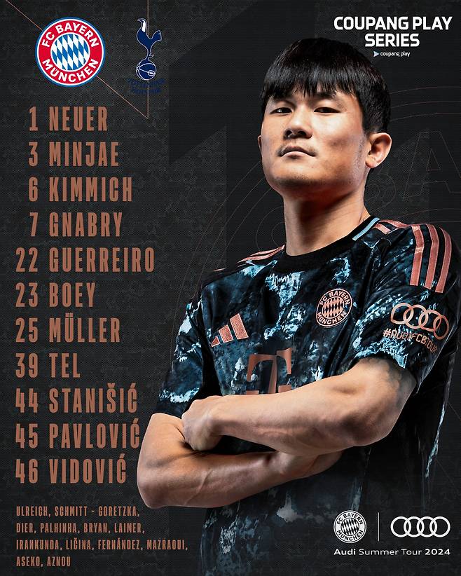 손흥민과 김민재의 역사상 첫 맞대결이 성사됐다. 토트넘과 바이에른 뮌헨의 프리시즌 경기에서 손흥민과 김민재가 모두 선발로 출장한다. 대한민국 월드 클래스인 두 선수의 맞대결에 엄청난 시선이 집중되고 있다. 사진=바이에른