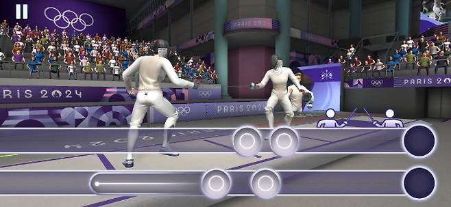 선수들보다는 동그라미에 집중하게 되는 펜싱 게임 조작. 올림픽 고! 파리 2024 게임 화면