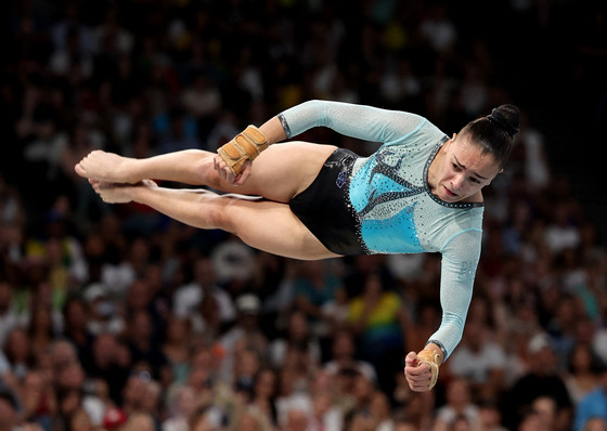 Valentina Georgieva of Bulgaria in action during the women's vault final at Bery Arena in Paris on Saturday. [REUTERS/YONHAP]