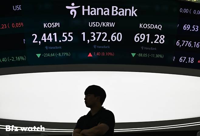 미국발 경기 침체 공포로 코스피가 8% 넘게 폭락하면서 종가 기준 역대 최대 하락폭을 기록했다. 사진은 5일 하나은행 딜링룸 모습./사진=이명근 기자 qwe123@