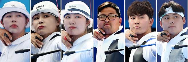 한국 양궁이 2024 파리 올림픽에 걸린 금메달 5개를 모두 땄다. 역대 최고 성적을 거둔 한국 양궁 대표팀의 임시현, 전훈영, 남수현, 김우진, 김제덕, 이우석(왼쪽부터). 파리 | 올림픽사진공동취재단·로이터·신화·연합뉴스