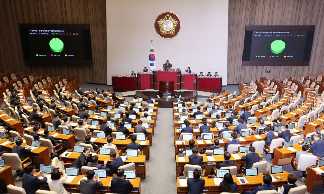 5일 오후 국회에서 열린 본회의에서 야당 주도로 '노란봉투법'(노동조합·노동관계조정법 개정안)이 통과되고 있다. 연합뉴스