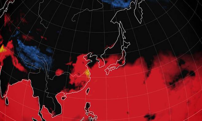 세계 기상 정보 비주얼 맵인 어스널스쿨로 확인한 지난 2일 오전 9시 한반도 주변 기온과 불쾌지수가 붉게 표시되고 있다. 어스널스쿨 캡처