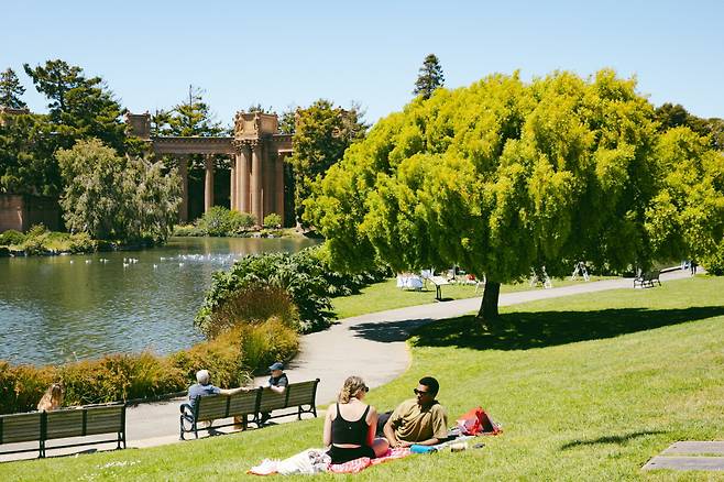 팰리스 오브 파인 아트에서 따사로운 햇살을 만끽하는 사람들