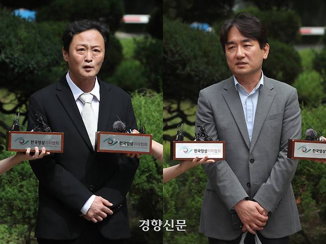 류광진 티몬 대표이사(왼쪽)와 류화현 위메프 대표이사가 지난 2일 서울 서초구 서울회생법원에 첫 심문을 앞두고 출석하며 취재진의 질문에 답하고 있다. 정효진 기자