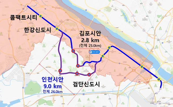 서울지하철 5호선 연장선 중 김포시가 요구한 ‘김포시안’과 인천시가 요구한 ‘인천시안’. 검단신도시총연합회 제공