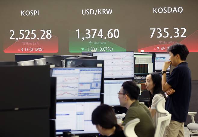 코스피가 약보합 출발한 7일 오전 서울 중구 하나은행 본점 딜링룸에서 직원이 업무를 보고 있다. /연합뉴스