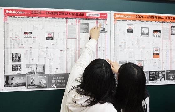 2024학년도 대학수학능력시험 성적표 배부일인 지난해 12월 8일 오전 경기도 수원시 영통구 효원고등학교 3학년 교실에서 학생들이 대학 지원 참고표를 살펴보고 있다. 연합뉴스