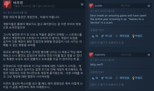 - 무의미한 콘텐츠와 보상, 인기 빌드 너프 등이 원인으로 꼽힌다 