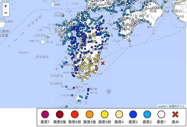 일본 규슈 남부 미야자키현에서 진도 7.1의 지진이 발생했다. /일본 기상청 홈페이지 캡처