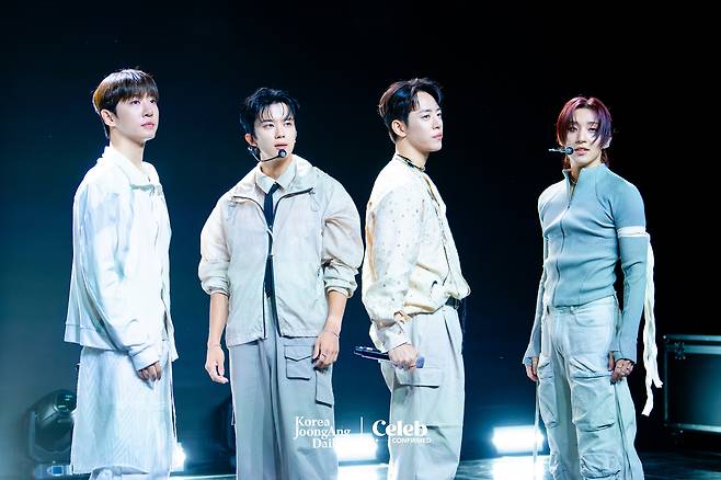 Boy band Bang&Jung&Yoo&Moon performs ″Gone″ during a press showcase Thursday at the Ilchi Art Hall in Gangnam District, southern Seoul. [DANIELA GONZALEZ PEREZ]