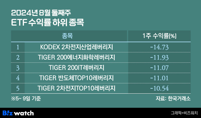 2024년 8월 둘째주 주간 ETF 수익률 하위 5종목