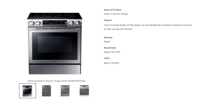 리콜 대상 삼성전자 전기레인지 모델. 미국 소비자제품안전위원회(CPSC) 홈페이지 화면 캡처