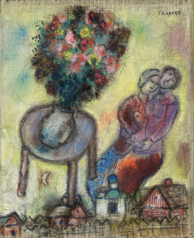 마르크 샤갈 Marc Chagall 1887 - 1985 Russian/FrenchLes Amoureux (Lovers)gouache and oil on canvas, 27.9×22.8cm ¦ circa 1935. 3억8000만~10억 원. 사진제공=케이옥션