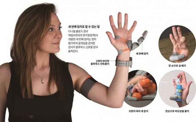 다니엘 클로드 영국 케임브리지대 연구원(왼쪽)이 개발한 세 번째 엄지는 엄지발가락의 움직임을 감지한 센서의 블루투스 신호를 받아 움직인다. plasticity-lab/Danielle Clode 제공