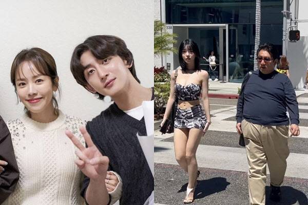 왼쪽부터 한지민과 최정훈, 과즙세연과 방시혁 의장(사진=한지민SNS, 유튜브 채널 캡처)