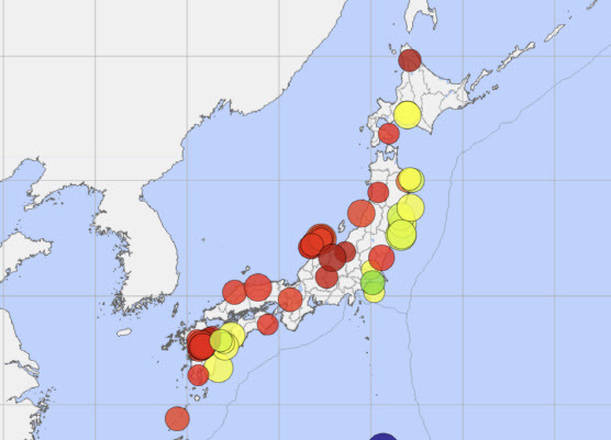 일본에서 지난 10년 동안 발생한 규모 ‘5강’ 이상의 지진 분포도 (사진=일본기상청 홈페이지)