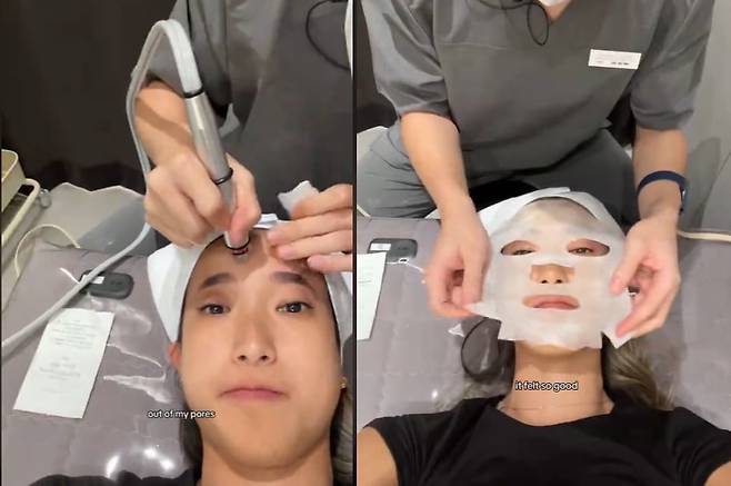 작년 서울을 방문한 틱톡커가 피부 관리 시술을 받고 있다./틱톡 @emmezhou