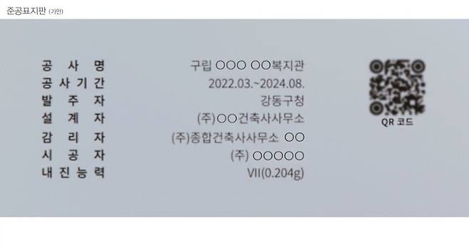 서울 강동구가 전국 최초로 도입하는 ‘공공건축물 담당자 실명제’가 반영된 준공표지판 예시. 강동구 제공