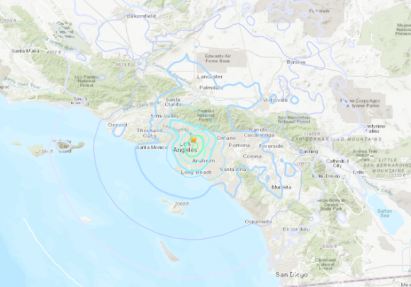 12일(현지시간) 미 지질조사국(USGS)에 따르면 이날 낮 12시 20분쯤 LA 시청에서 북동쪽으로 10.5㎞ 떨어진 하이랜드 파크 인근 주택가에서 지진이 발생했다. 진원의 깊이는 약 11㎞로 기록됐다.  / 사진=USGS