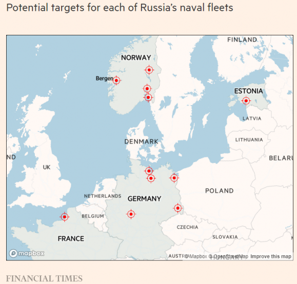 북대서양조약기구(NATO·나토)와 전면 충돌 시 러시아 해군이 미사일로 타격할 잠재 표적이 표시된 지도. 영국 파이낸셜타임스 제공