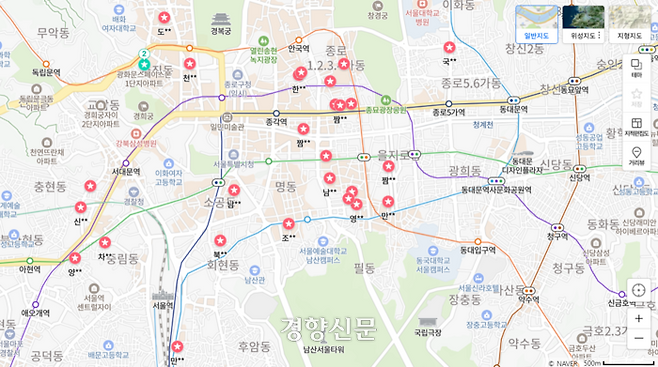 네이버에서 ‘광화문 중식당’으로 검색되는 가게 중 온라인상 메뉴판에 짬짜면이 있는 28곳을 표시한 지도. 짬짜면 판매를 중단했으나 온라인 메뉴판을 수정하지 않은 곳도 있어 실제 수는 더 적을 것으로 추정된다. 강은 기자