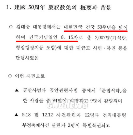 김대중 정부 때인 1998년 광복절 사면 발표문. ‘대한민국 건국 50주년을 맞이하여 건국기념일인 8월15일자로 사면을 단행하였다’고 기록돼 있다. 자료출처=법무부