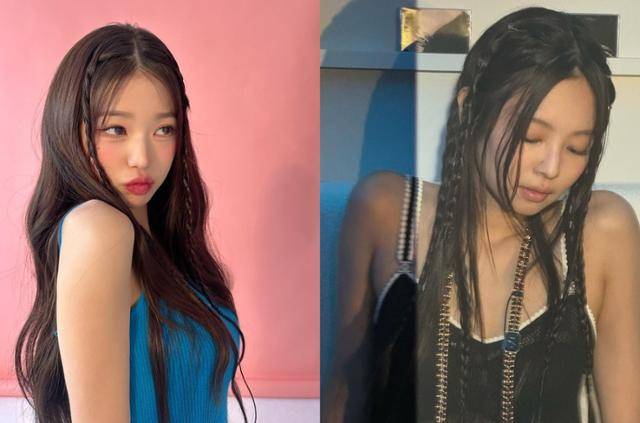 장원영(왼쪽)과 제니의 극과 극 '땋은 머리' 스타일링. 장원영 제니 SNS