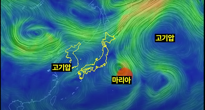 제5호 태풍 마리아 발생 당시에도 고기압 사이에 낀 태풍이 기압계 가장자리를 따라 일본 쪽으로 향한 모습 (사진, 기상청 유튜브 옙TV 갈무리)