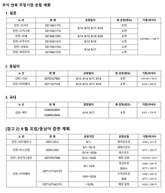 아시아나항공 2024년 추석 연휴 부정기편 운항 계획./출처=아시아나항공