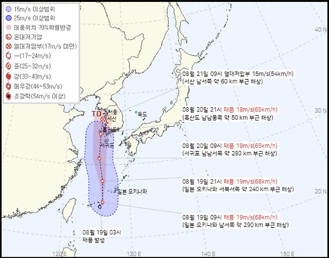 기상청은 태풍 종다리가 32㎞/h의 속도로 북진, 21일 오전 9시경 서산 남서쪽 약 60㎞ 해상에서 열대저압부로 약화할 것으로 예상했다. 기상청