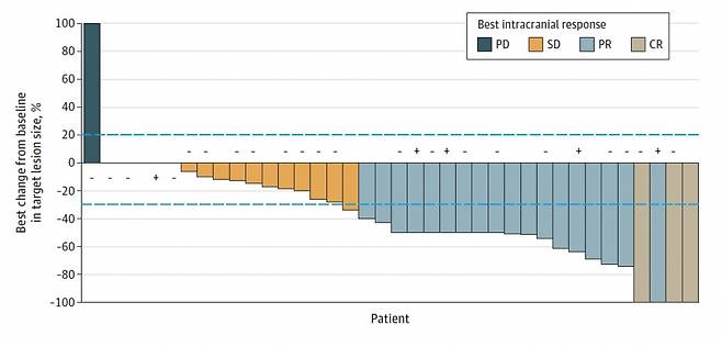 세로축은 뇌 내 암 축소율, 가로축은 환자가 보인 암 축소 정도다. 영상검사에서 뇌 내 암이 완전히 사라진 완전관해(Complete Response) 환자도 존재했다고 연구팀은 밝혔다./사진=연세암병원