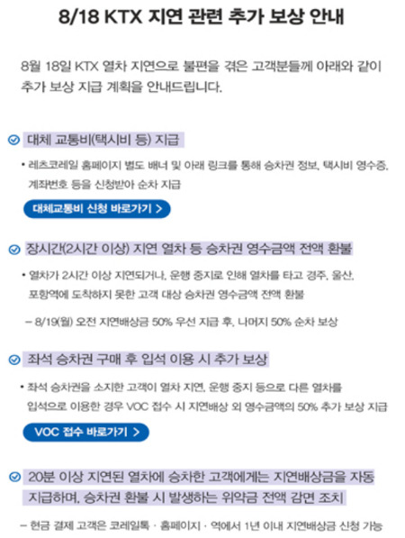 KTX 지연 관련 추가 보상 조치 내용. /사진=코레일 제공