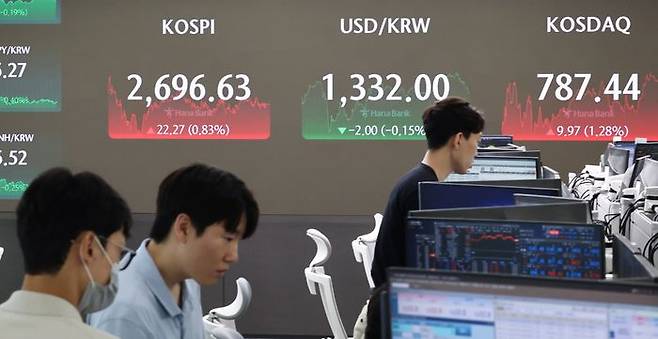 20일 오후 서울 중구 하나은행 본점 딜링룸 현황판에 코스피지수가 표시돼 있다.ⓒ연합뉴스