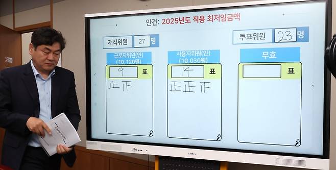 지난달 12일 정부세종청사에서 열린 최저임금위원회 전체회의에서 2025년도 최저임금이 시간당 1만30원으로 확정된 직후 이인재 위원장이 투표 결과가 나타난 화면 앞을 지나고 있다.