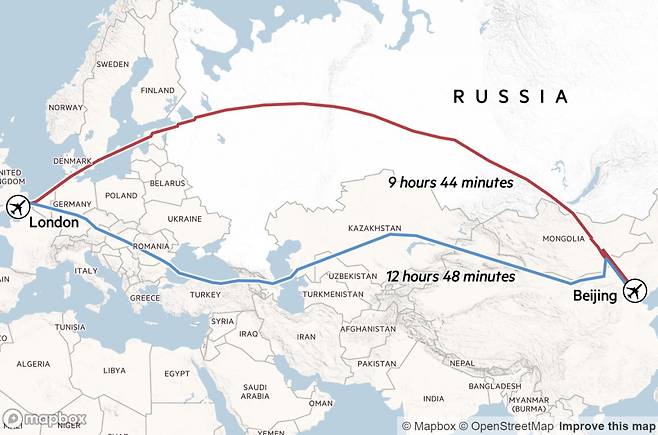 영국 런던과 중국 베이징을 오가는 항공편 경로 (자료=파이낸셜타임스)