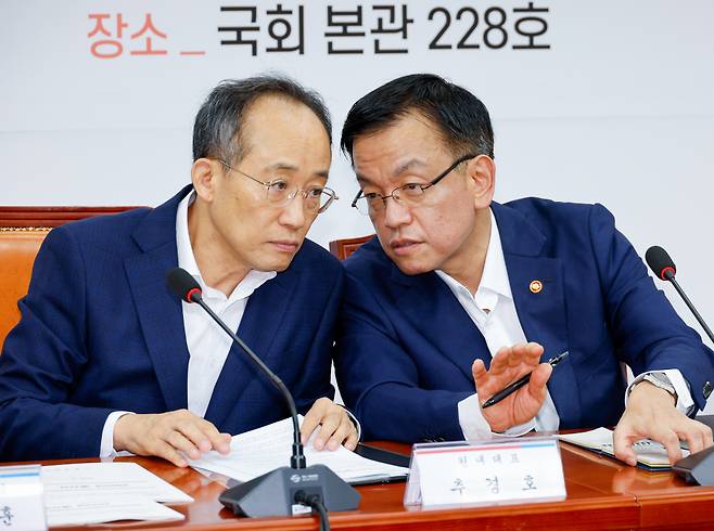 추경호 국민의힘 원내대표(왼쪽)와 최상목 부총리 겸 기획재정부 장관이 20일 오전 서울 여의도 국회에서 열린 2025년도 예산안 관련 당·정협의회에 참석해 대화를 나누고 있다./사진제공=뉴스1