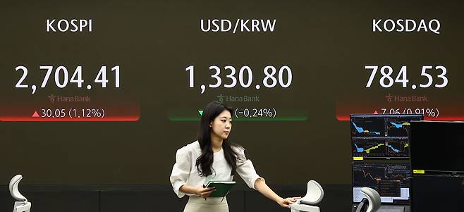 20일 서울 중구 하나은행 본점에서 직원들이 업무를 보고 있다. 이날 서울 외환시장에서 원·달러 환율은 전 거래일(1334.80원)보다 3.0원 내린 1331.8원에 출발했다. [뉴시스]